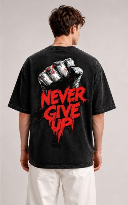 Never Give Up Oversized T-Shirt – Washed Black