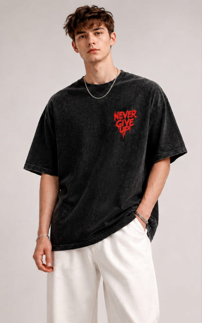 Never Give Up Oversized T-Shirt – Washed Black